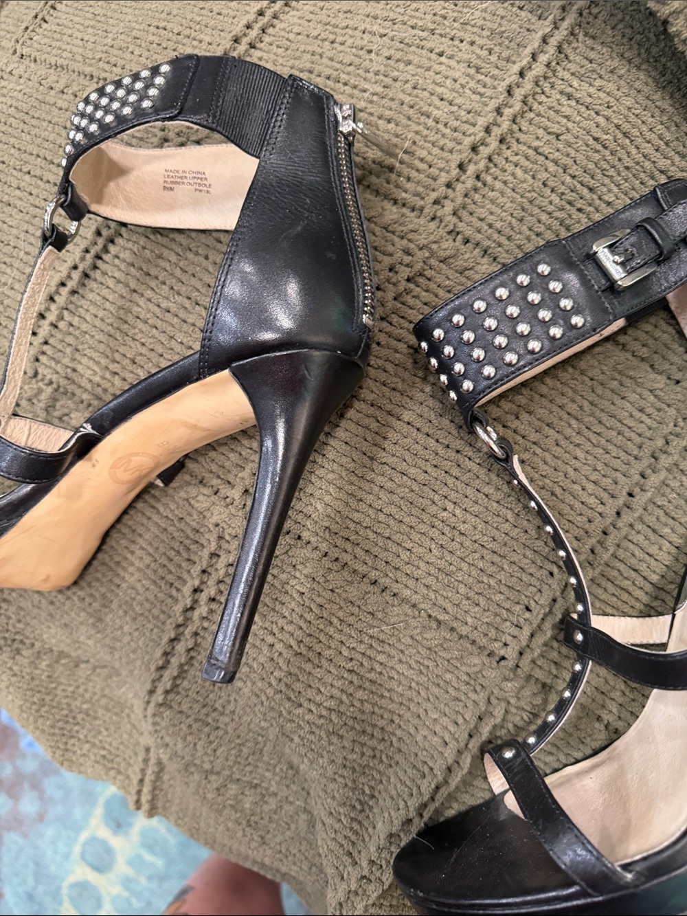 Michael Kors Black Studded T-Strap High Heel Sandals - Picture 7 of 9